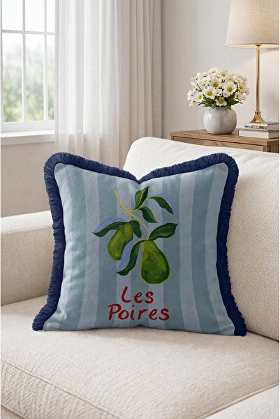 IdeCraft Pear and Leaf Patterned Striped Throw Pillow Cover - Navy Blue Tasse...