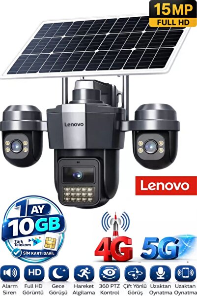 LENOVO G4W19 3 Lensli 4G SIM Kartlı 360° PTZ Solar Güvenlik Kamerası Güneş Pa...
