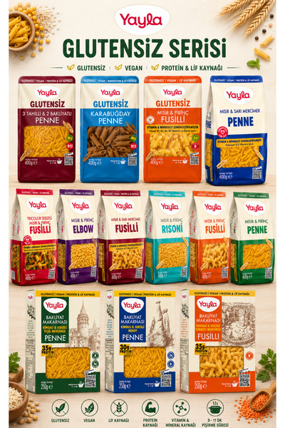 Yayla 13 Lü Doğal Glutensiz Makarna serisi 10x400 Gr+Bakliyat Makarnası3x250 Gr