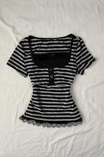 Violon Black Gray Striped Button Detailed Lace Pack Vintage Y2K Short Sleeve ...