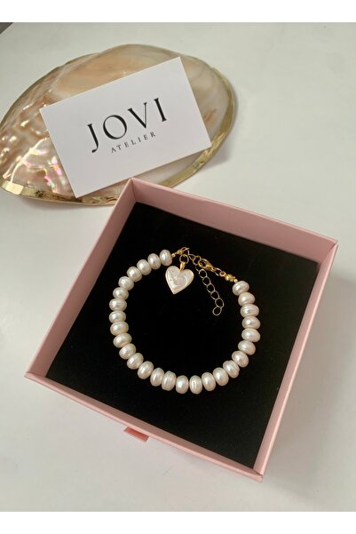 JOVİ ATELİER Doğal Rondela Kadın İnci Bileklik Kalp Charm