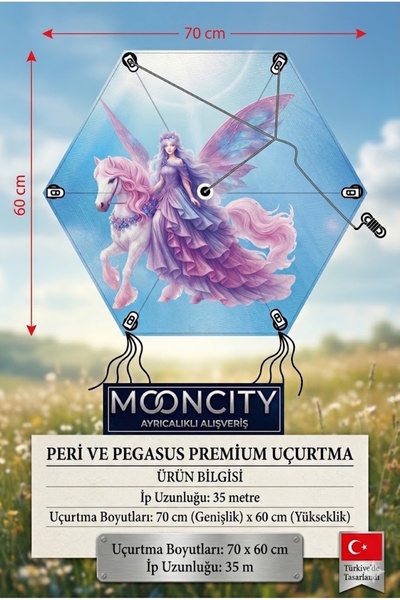 mooncity 4 Seçenek Çocuk Uçurtma Seti - Peri Pegasus, Ejderha, Arı - 70x60 cm...