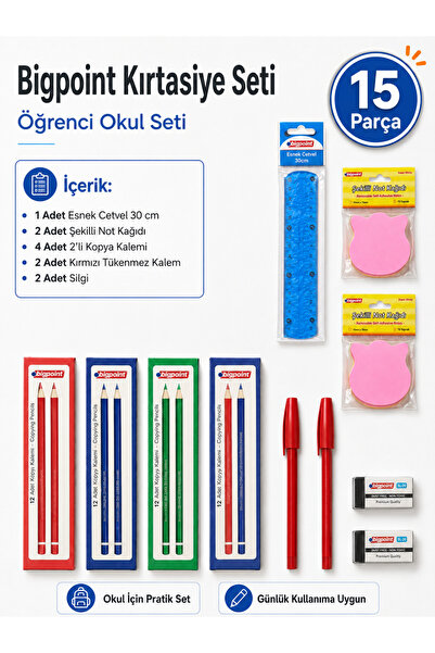 Bigpoint 15 Parça Öğrenci Okul Kırtasiye Seti( Esnek Cetvel Şekilli Not Kağıd...