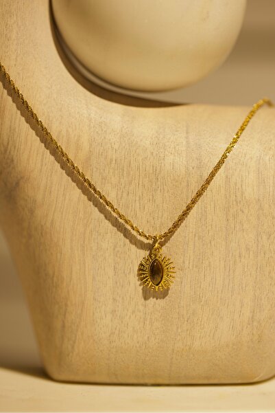 Vola Collection Çelik Gold Kahverengi Güneş Doğal Taşlı Kadın Kolye