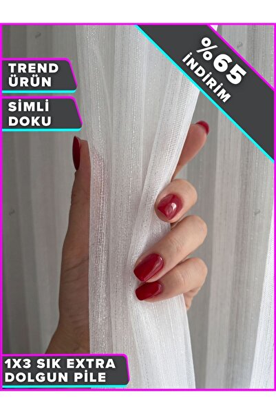Demor Home Modern Simli Bambu Tül Perde 1’e 3 Sık Pile Kullanıma Hazır Ütü İs...