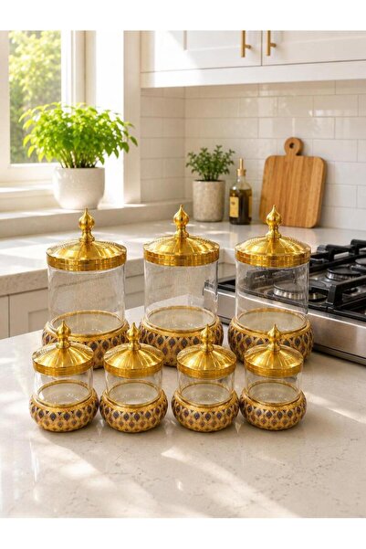 Twinkle 7 li Cam Ve Porselen Gold Metal Kapaklı Baharat Takımı Gold Mavi