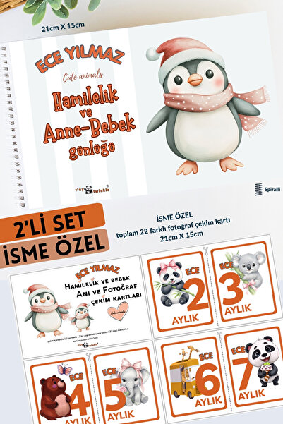 Lodos 2'Lİ SET İSME ÖZEL Anı Defteri Cute Animals Hamilelik ve Anne Bebek Anı...