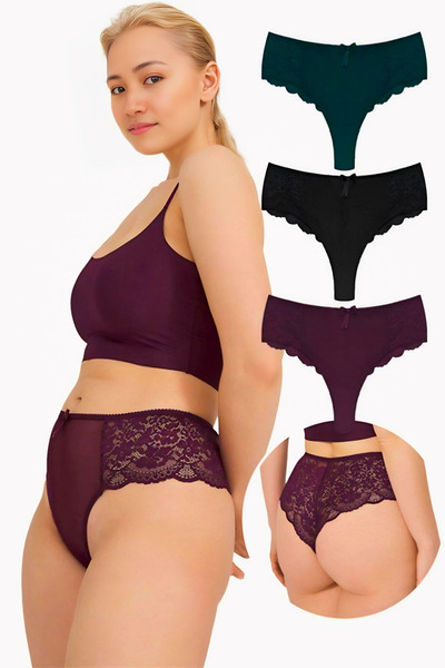 Homay 3-Pack Large Size Brazilian Panties with Tulle Detail on the Front and ...