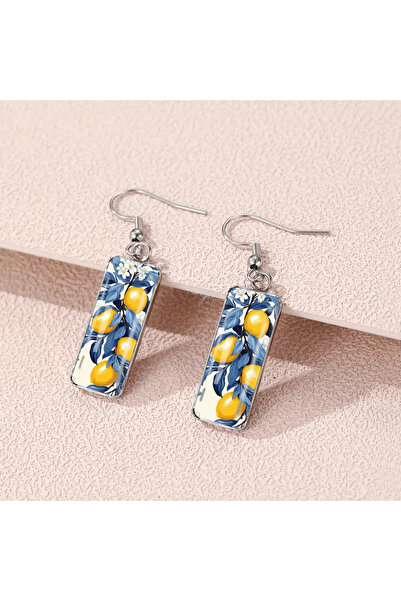 Choice Yellow Silver 1 Pair of Lemon Fruit Pattern Earrings with Convex Glass...