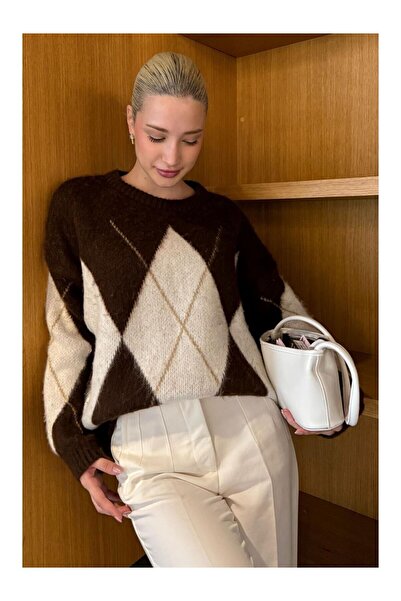 LC Waikiki Nevavm Brown Oval Collar Diamond Pattern Women's Sweater with Diff...