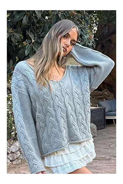 LC Waikiki Nevavm Gray V-Neck Knitted Pattern Oversize Women's Sweater Mg2519