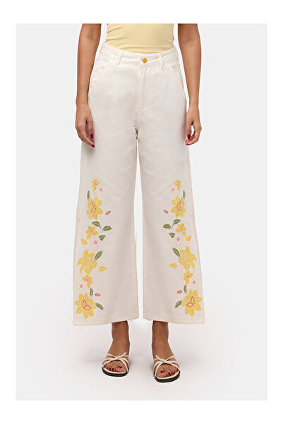 LC Waikiki Nevavm Women's Off-White 7S6-101 Culotte Fit Floral Embroidered De...