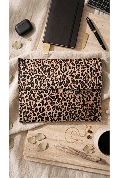Hakiki Deri Animal Print Tasarım Düğmeli Tablet Çantası - Leopar Desenli Portföy