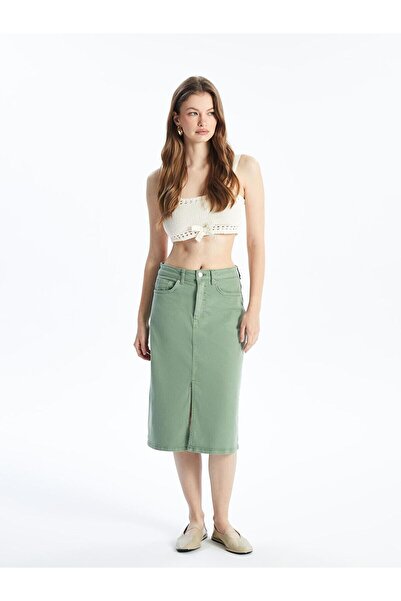LC Waikiki Nevavm Farklı Cannes - Straight Slit Midi Denim Skirt - Khaki