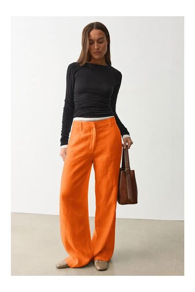 LC Waikiki Nevavm Orange High Waist Linen Wide Leg Pants with Difference Mg2718