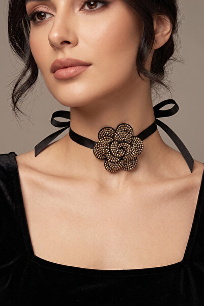 PETEK AKSESUAR PARLAK TAŞLI ÇİÇEK CHOKER KOLYE