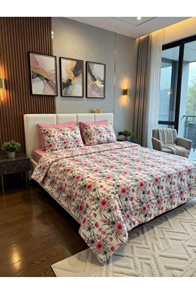 VİENNA Double Duvet Cover Set with Elastic Sheets and 4 Pillowcases Soft Text...