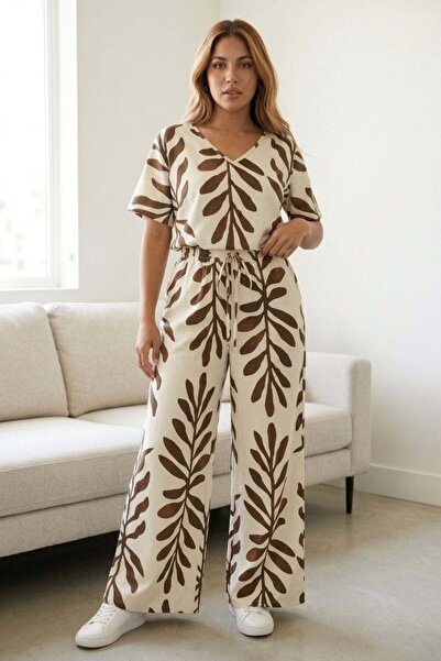 Mossta Patterned Loose Blouse and Pants Set Comfortable Fit Combination - Brown