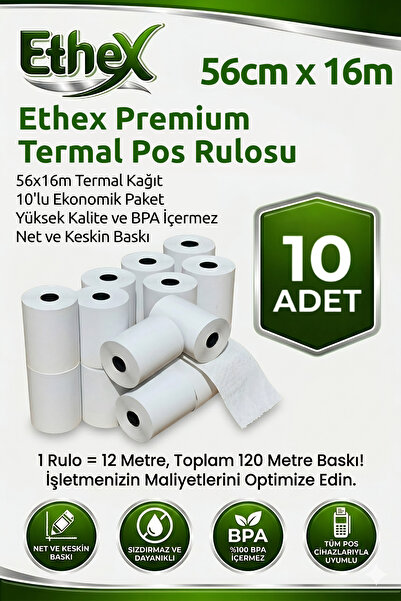 Ethex Premium Termal POS Rulosu 10'lu Ekonomik Paket - 56mm x 16m - BPA İçerm...