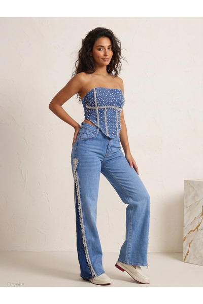 Orvelia İnci İşlemeli Denim Korset Büstiyer Ve Yanları İnci Saçaklı Denim Pan...