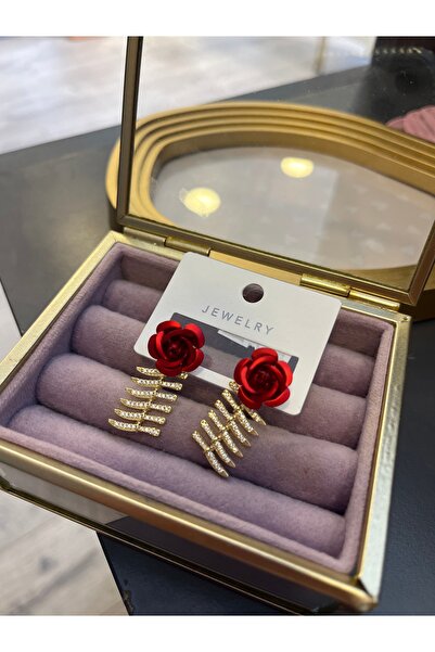 gozdeasutayaccessory Gold red rose earrings