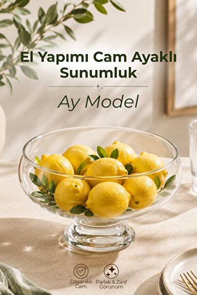 GİNZAMAİSON Ay Model El Yapımı Cam Ayaklı Sunumluk 23 cm Şeffaf Servis ve Mey...