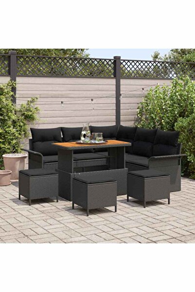 vidaxl Set de canapele pentru gradina cu perna 9 pcs Negru poliratan