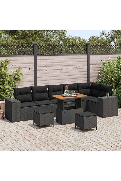 vidaxl Set de canapele pentru gradina cu perna 9 pcs Negru poliratan