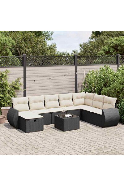 vidaxl Set mobilier de gradina cu perne, 9 piese, negru, poliratan