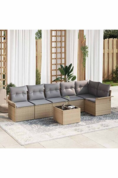 vidaxl Set de canapele pentru gradina cu perna 7 pcs Bej poliratan