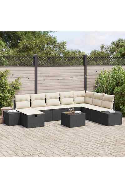 vidaxl Set de canapele pentru gradina cu perna 9 pcs Negru poliratan