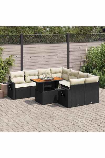 vidaxl Set mobilier de gradina cu perne, 9 piese, negru, poliratan