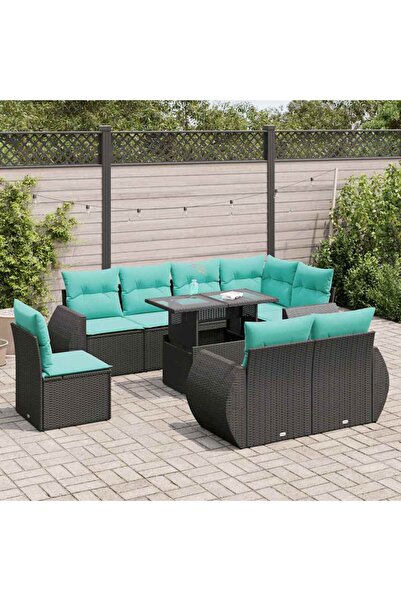 vidaxl Set mobilier gradina perne 9 piese negru poliratan/lemn acacia