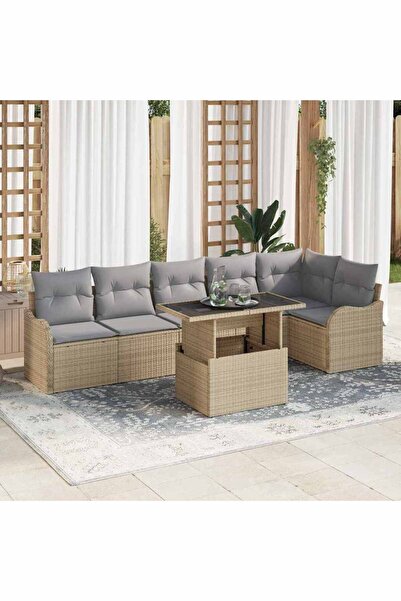 vidaxl Set de canapea cu perna 7 pcs Bej Rattan poli