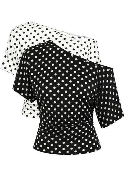 Bianco Lucci Women's Polka Dot Patterned Asymmetrical Cut Fitted Waist Bat Sl...