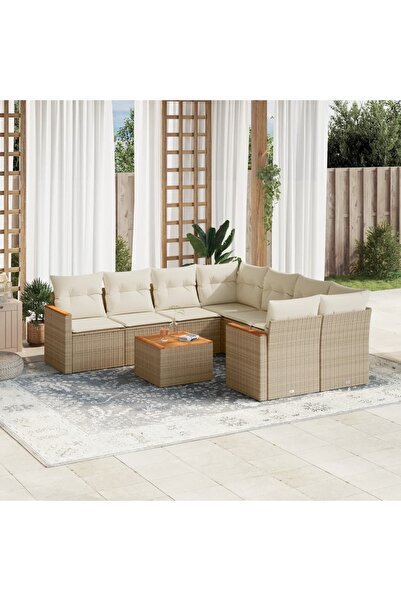 vidaxl Set canapele de gradina, 9 piese, cu perne, bej, poliratan
