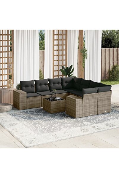 vidaxl Set canapele de gradina, 9 piese, cu perne, gri, poliratan
