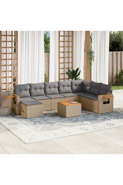 vidaxl Set canapele de gradina, 9 piese, cu perne, bej, poliratan