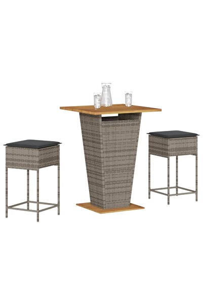 vidaxl Set mobilier bar de gradina, cu perne, 3 piese, gri, poliratan