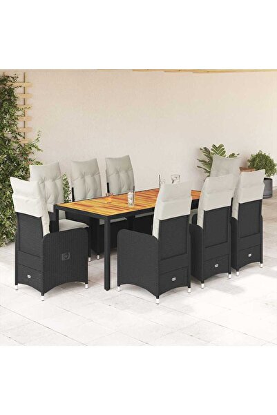 vidaxl Set bistro de gradina, 9 piese, cu perne, negru, poliratan
