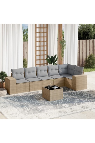 vidaxl Set canapele de gradina, 7 piese, cu perne, bej, poliratan