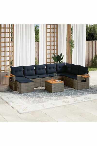 vidaxl Set canapele de gradina, 9 piese, cu perne, gri, poliratan