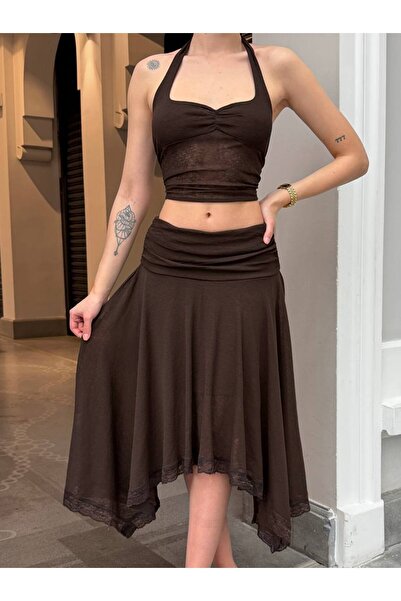 moda paketi Fustă cu croială asimetrică și costum crop cu guler halter pentru...