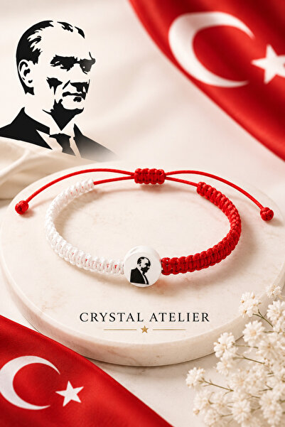 Crystal Atelier Red and White Macrame Bracelet with Ataturk Figure, Adjustabl...