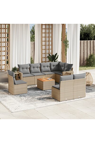 vidaxl Set canapele de gradina, 9 piese, cu perne, bej, poliratan