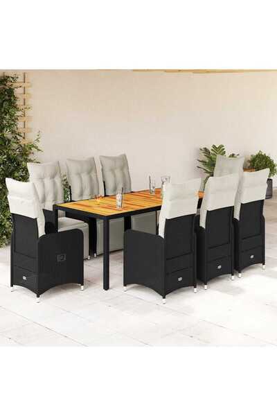 vidaxl Set bistro de gradina, 9 piese, cu perne, negru, poliratan