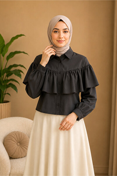 SADEL Fırfır Detaylı Poplin Gömlek - K.Kahve