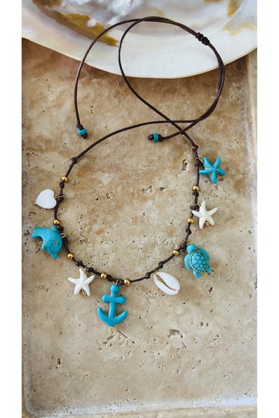 By Song Aksesuar Turquoise Charm Necklace with Sea Star, Turtle, and Seashell