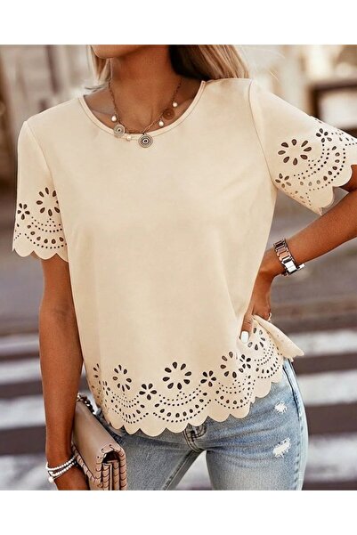 Generic Brand Women's Short Sleeve Crew Neck Blouse with Laser Flower Print o...