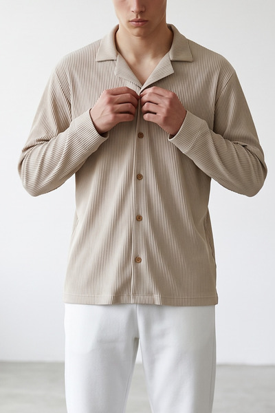 modasende Men's beige ottoman fabric long sleeve relaxed fit shirt